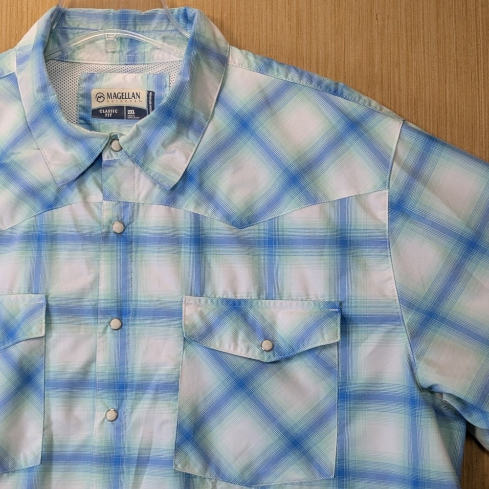 Magellan Outdoors Pearl Snap Pecos Ridge Blue Plaid Western Fishing Shirt 2XL